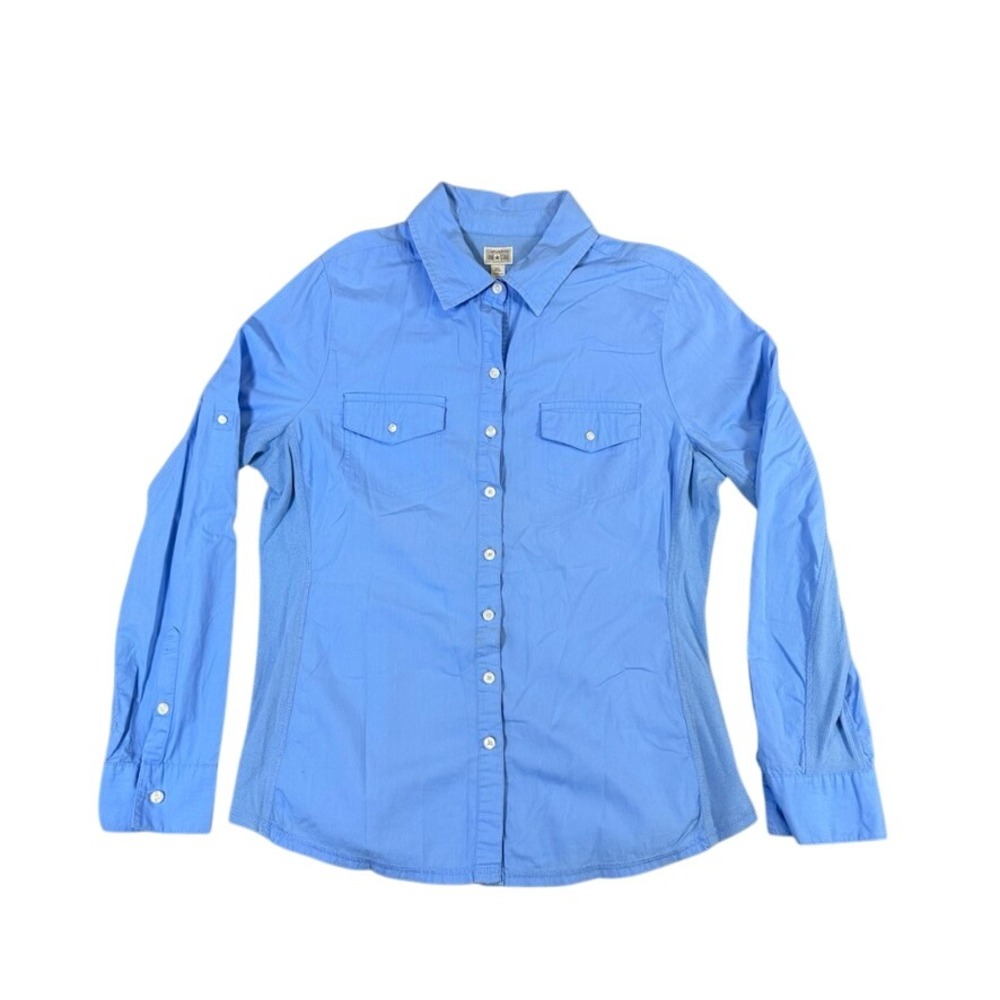 Converse One Star Blue Button Down Shirt Women XL Long Sleeve Roll Tab Utility